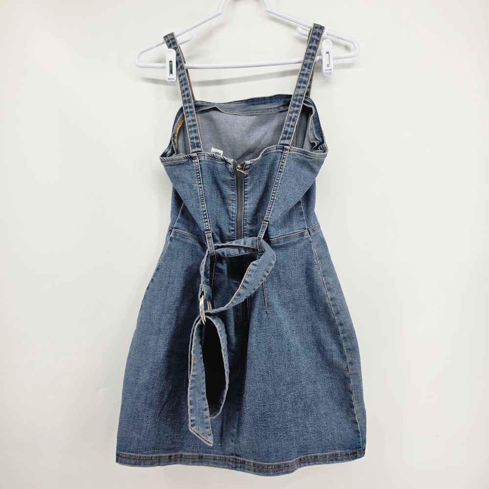 H&M Divided Denim Pinafore Dress Blue Mini Belted Sleeveless Overall Size S - Picture 2 of 6